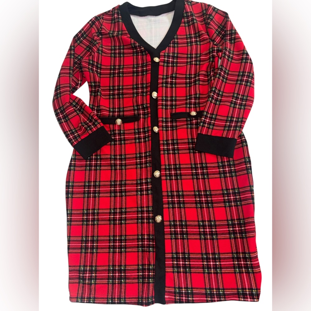 Red Plaid Long Cardigan with Gold Buttons